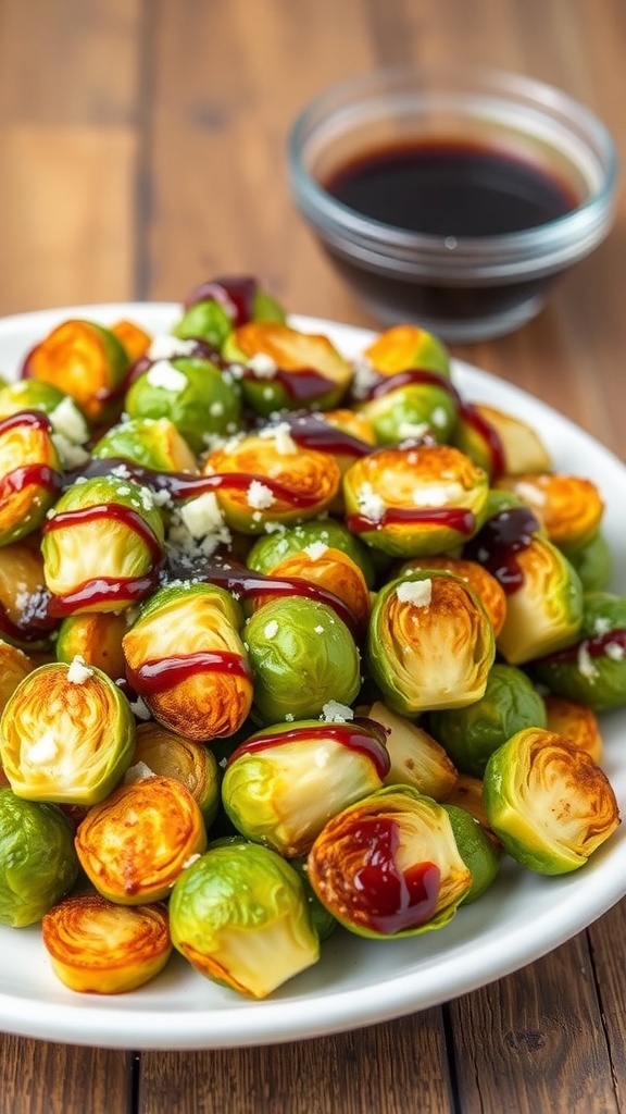 Crispy Brussels sprouts with Parmesan and balsamic glaze on a rustic plate.